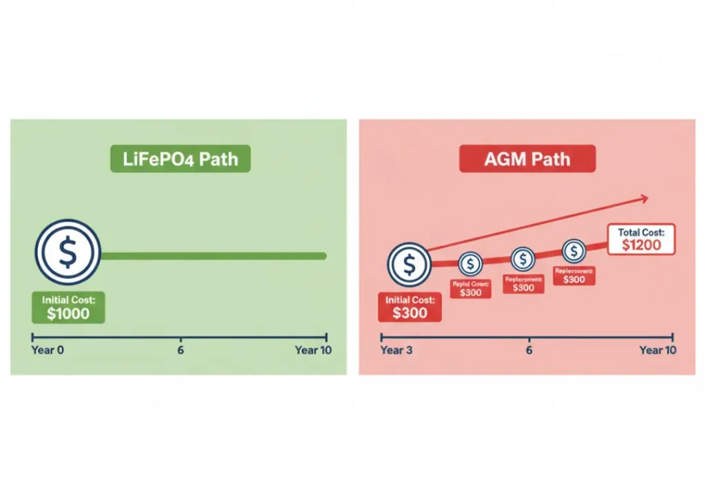 An infographic comparing the 10-year total cost of ownership between a LiFePO4 battery and an AGM battery. The LiFePO4 path shows a single high upfront cost, while the AGM path shows a lower initial cost but multiple replacement purchases, resulting in a higher cumulative cost over the decade.