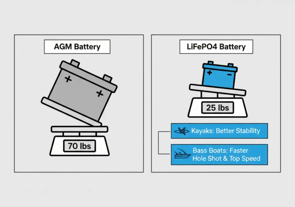 An infographic comparing the weight of an AGM battery at 70 lbs versus a LiFePO4 battery at 25 lbs on weighing scales. Callouts indicate that the lighter lithium battery improves stability for kayaks and provides a faster hole shot and top speed for bass boats.