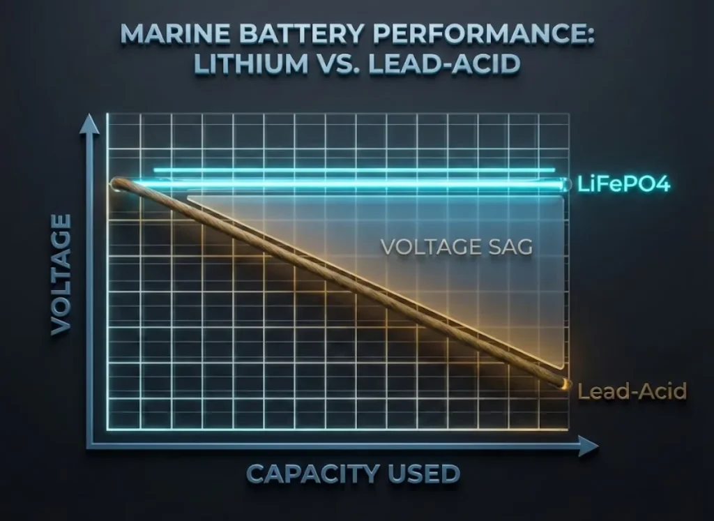 A stylized 3D comparative line graph showing battery discharge curves. A bright cyan line representing Lithium maintains a flat, high trajectory, while a fading amber line representing Lead-Acid slopes downward, illustrating voltage sag.