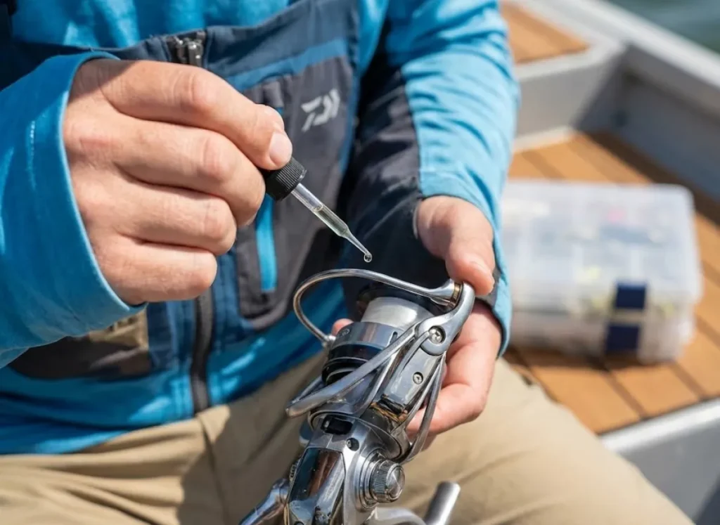 Close-up of a precision oil applicator placing a drop of lubricant on the line roller of a spinning reel.