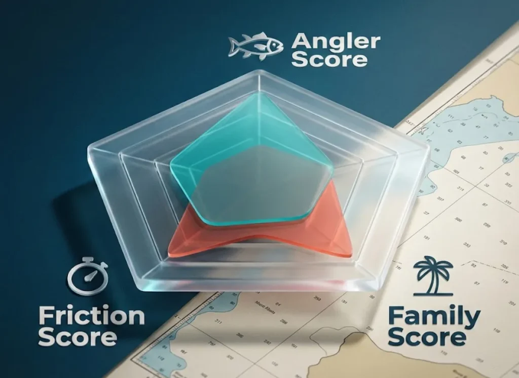 A high-definition, isometric 3D radar chart made of frosted glass floating over a nautical map. The chart compares two datasets—teal for "Goldilocks Zone" and coral for "Hardcore Trip"—across three axes labeled "Angler Score," "Family Score," and "Friction Score," in a premium magazine editorial style.