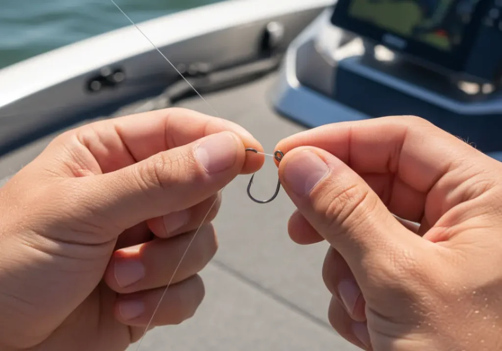 A close-up shot of an angler's hands tying a Palomar knot for a drop shot rig.