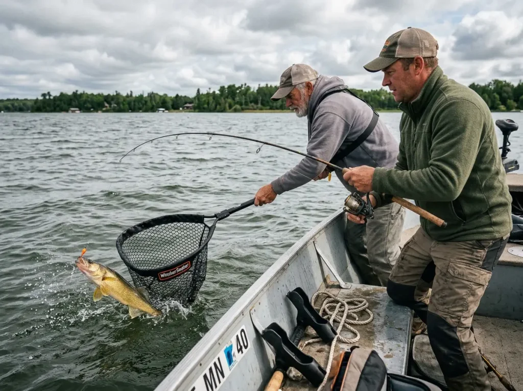 Angler leading a fish headfirst into a stationary rubber landing net boat-side, rod tip low