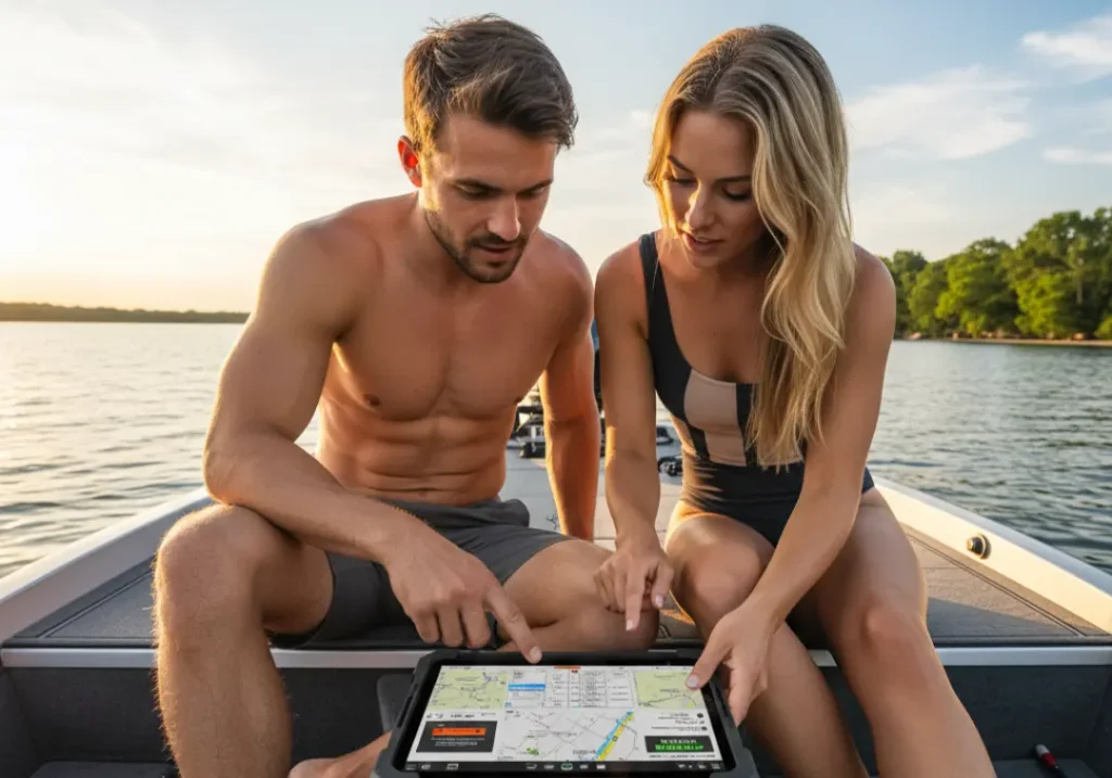 A couple in swimwear sits on a boat deck, analyzing battery specifications on a tablet together during a sunny afternoon.
