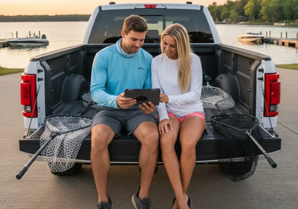 A couple sits on their truck's tailgate surrounded by fishing nets, intently looking at a tablet as if researching their gear guide.
