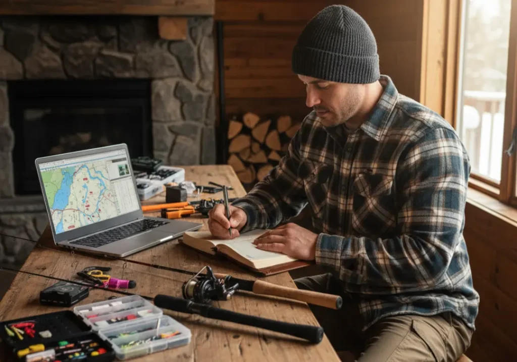 A full-body shot of a man at a workbench in a cabin, researching and comparing different ice fishing combos for a guide.