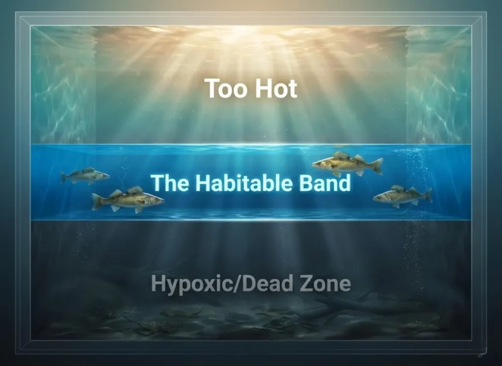 A detailed 3D cross-section illustration of a lake showing three water layers: a warm surface layer labeled "Too Hot," a deep dark bottom layer labeled "Hypoxic/Dead Zone," and a clear middle layer labeled "The Habitable Band" containing swimming Walleye fish.