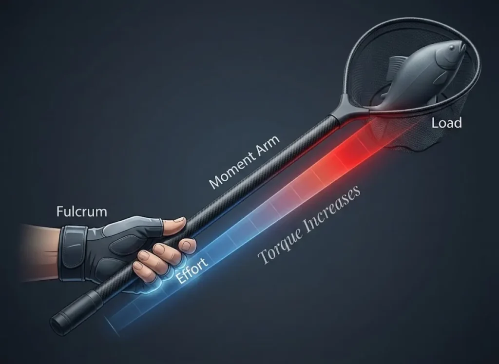 A sophisticated 3D infographic illustrating a fishing net acting as a Class 3 lever. The image features a carbon fiber handle held by a gloved hand, with holographic overlays labeling the 'Fulcrum' at the wrist, 'Effort' at the grip, and the fish in the net as the 'Load'. A visual heat map gradient along the handle indicates increasing torque.