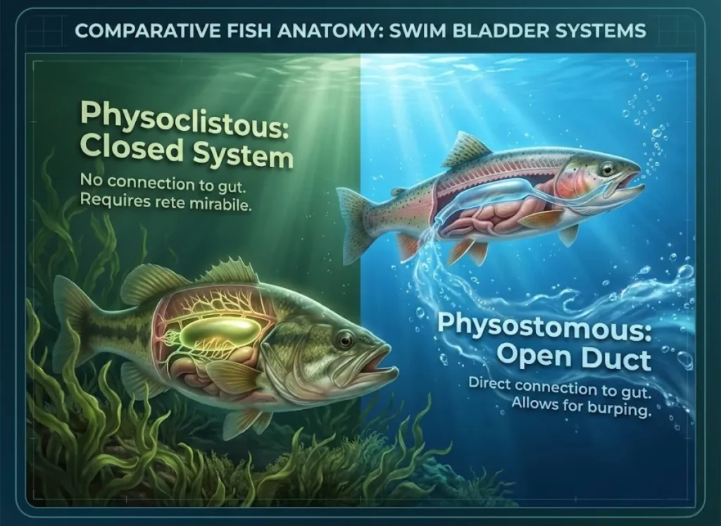 A high-definition biological comparison split into two sections. The left shows a cross-section of a Bass with a closed swim bladder resting on the river bottom. The right shows a Trout with an open pneumatic duct connecting the bladder to the gut, hovering freely. Labels indicate "Physoclistous" and "Physostomous" anatomy.