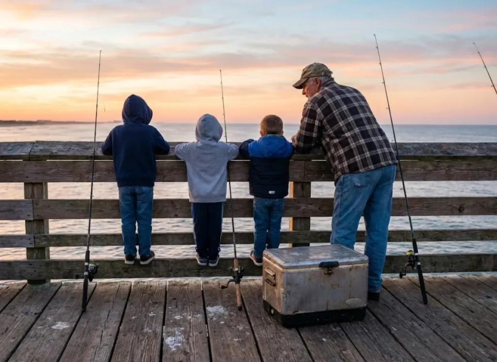 Grandfather and grandchildren fishing from a wooden public pier at sunrise with cooler and rods.