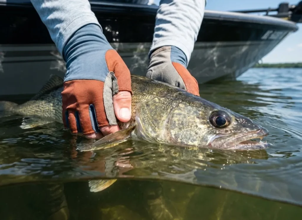 Angler practicing safe catch and release with a walleye in the water.
