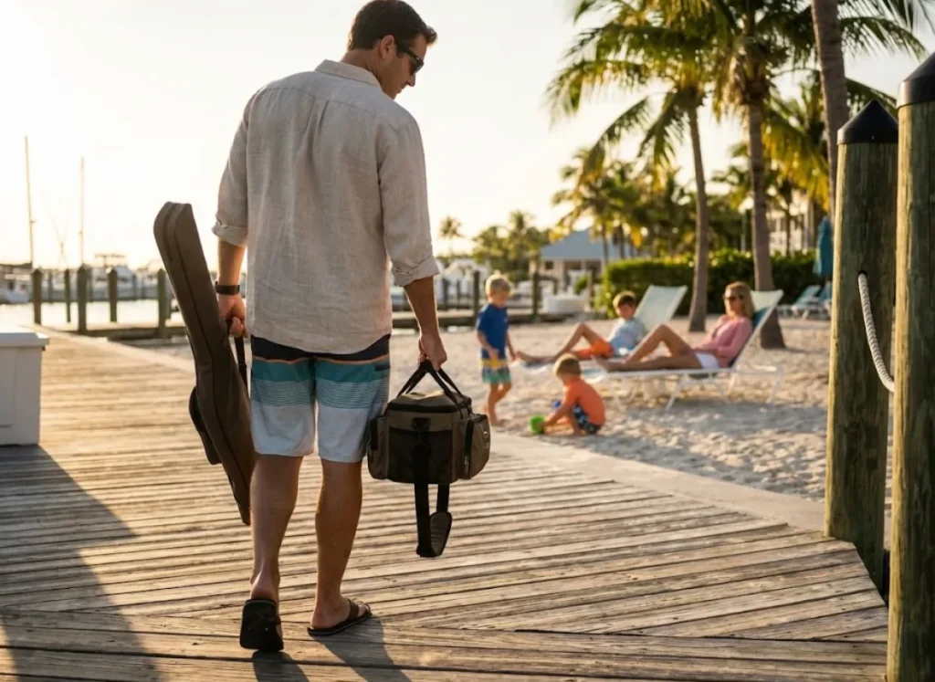 Family disembarking from a sportfishing charter boat at a luxury resort marina in the Florida Keys.