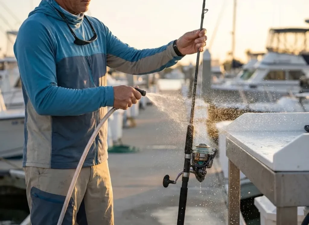 Angler gently rinsing a fishing rod and reel with a hose at a marina cleaning station at sunset.