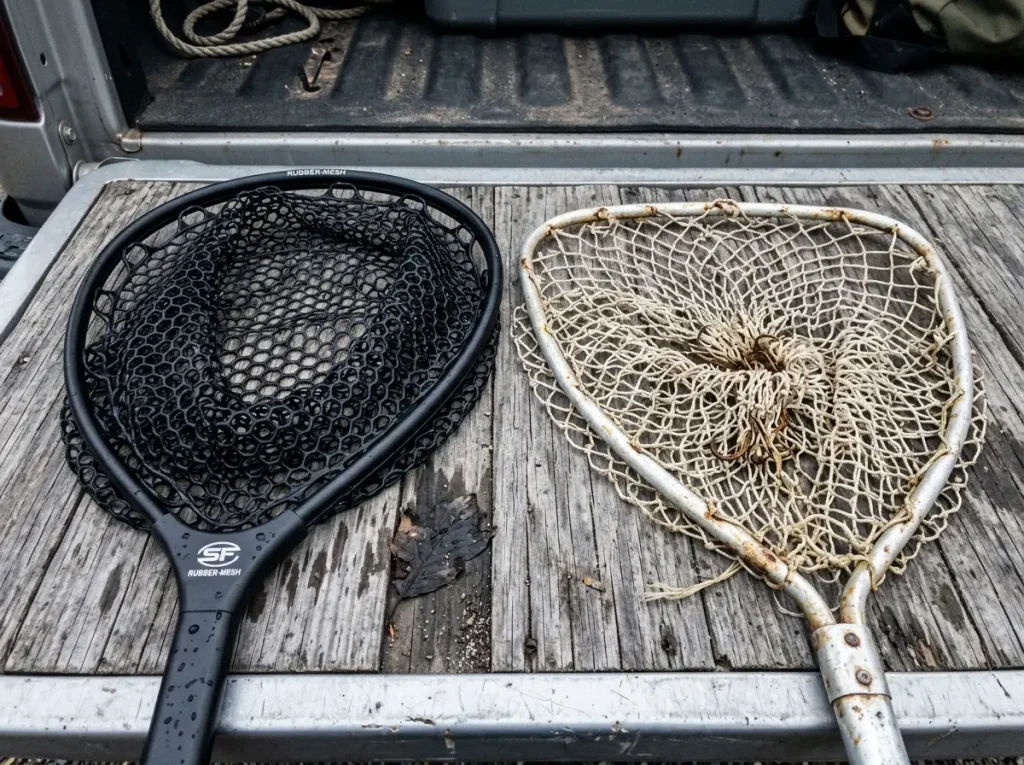 Close comparison of a soft rubber-mesh fishing net bag beside an old frayed knotted-nylon net