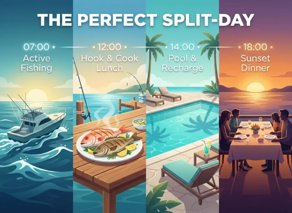 A stylized, horizontal visual timeline illustrating "The Perfect Split-Day" itinerary. It transitions from a morning fishing scene at 7 AM to a lunch at noon, a pool relaxation scene at 2 PM, and finally a sunset dinner at 6 PM, rendered in a high-end vector-realism style.