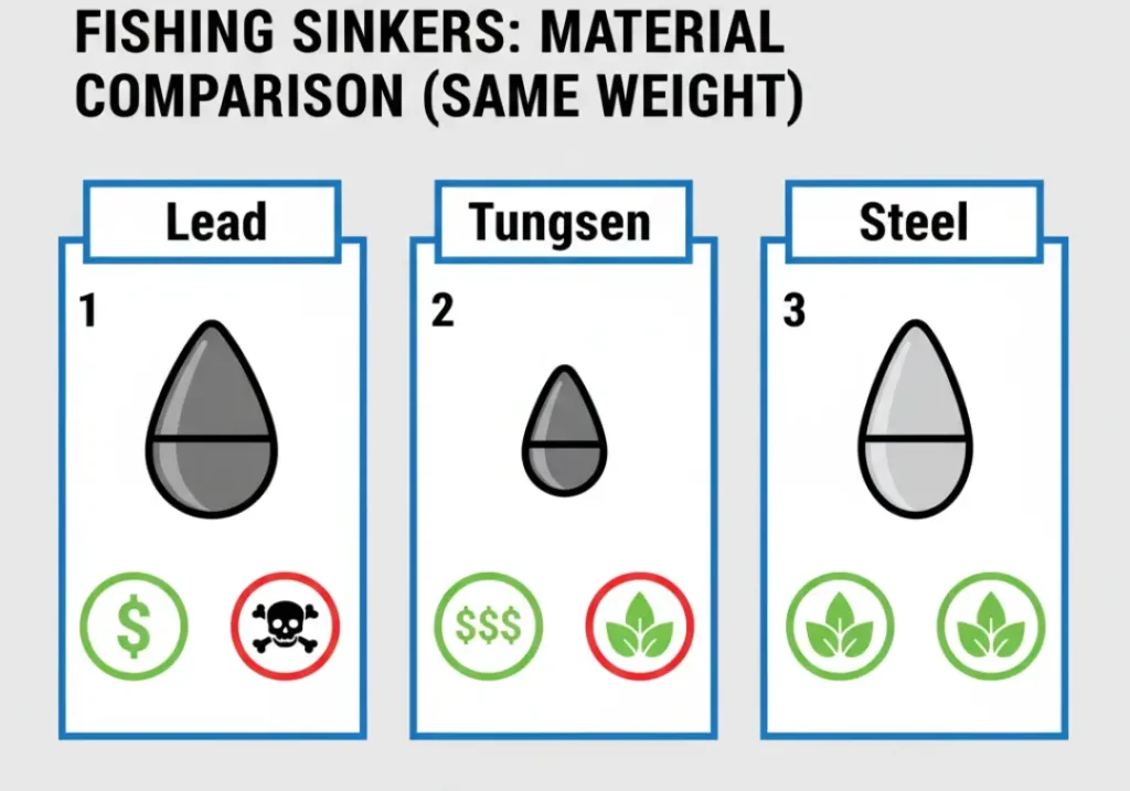 An infographic comparing lead, tungsten, and steel fishing sinkers. It shows that for the same weight, tungsten is the smallest, lead is medium-sized, and steel is the largest. It also rates lead as toxic, while tungsten and steel are rated as environmentally friendly.