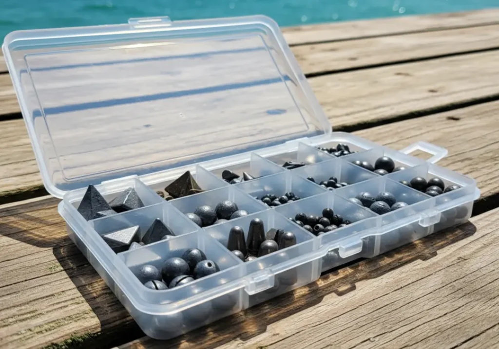 A close-up of an open tackle box showing different types of fishing sinkers, including pyramid, bullet, and egg shapes.