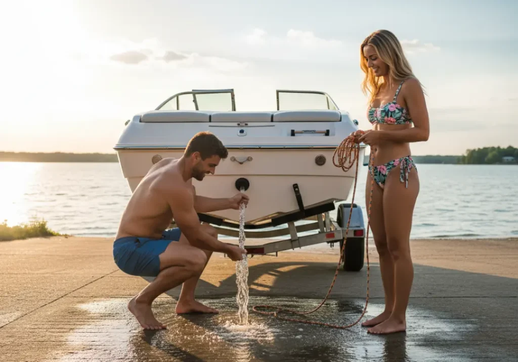 A young couple working together to drain their boat at a launch ramp, following the "Clean, Drain, Dry" protocol.