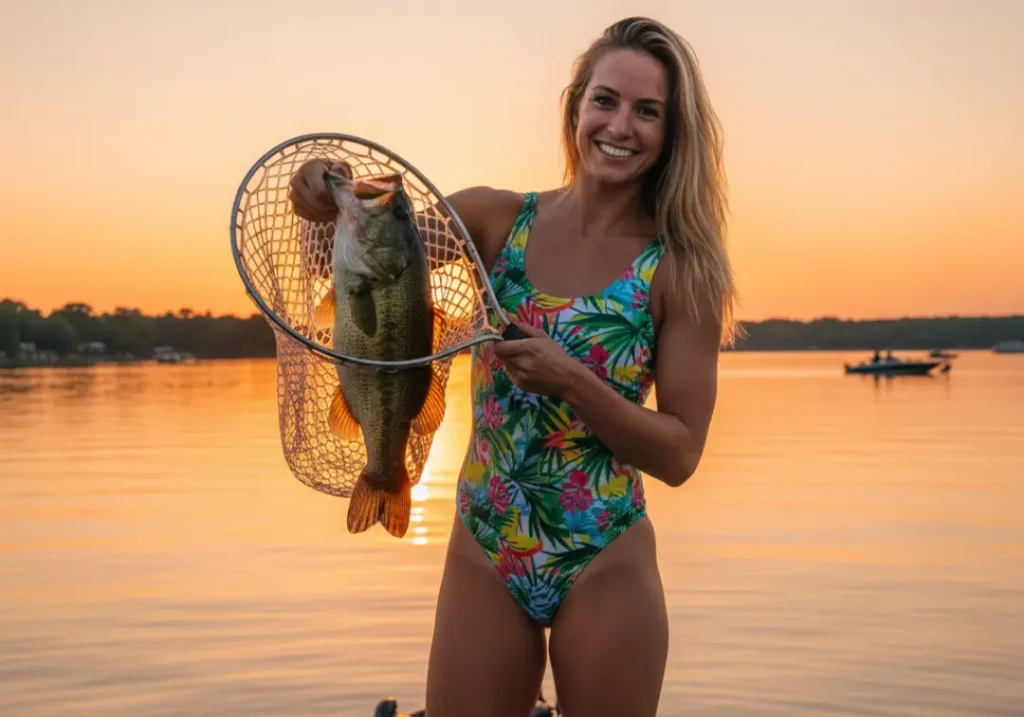 A happy woman in a swimsuit stands on a boat at sunset, showing off a large bass she caught in a fish-safe rubber net.