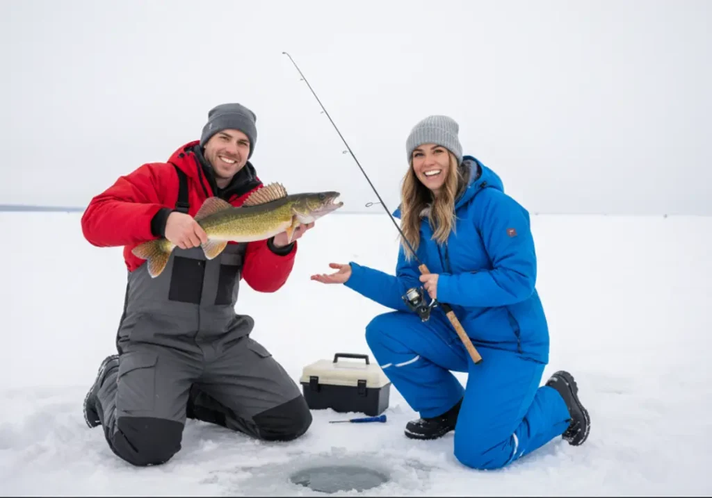 A happy young couple showing off a walleye caught while ice fishing, with their modern gear visible on the ice.