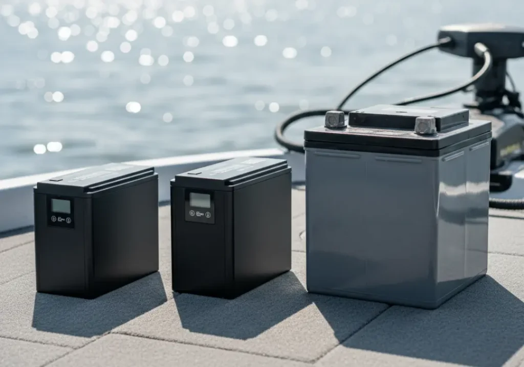 Three top-rated trolling motor batteries, including lithium and AGM models, displayed on the deck of a bass boat.