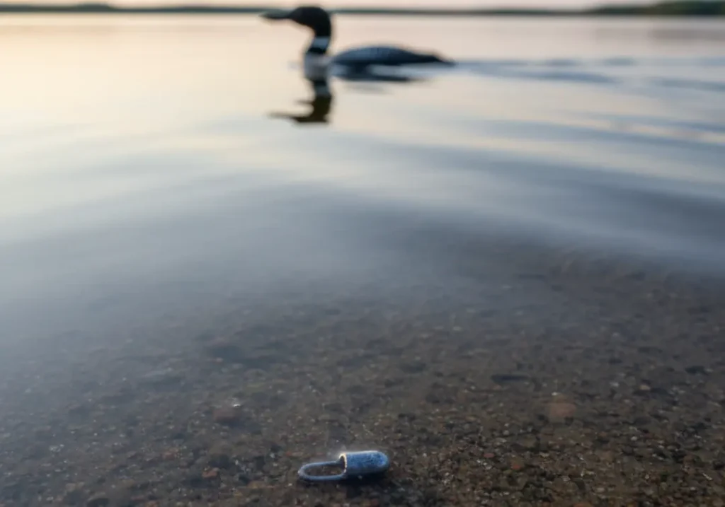 A lost lead fishing sinker seen through clear water on a lakebed, with a loon swimming in the distant background.