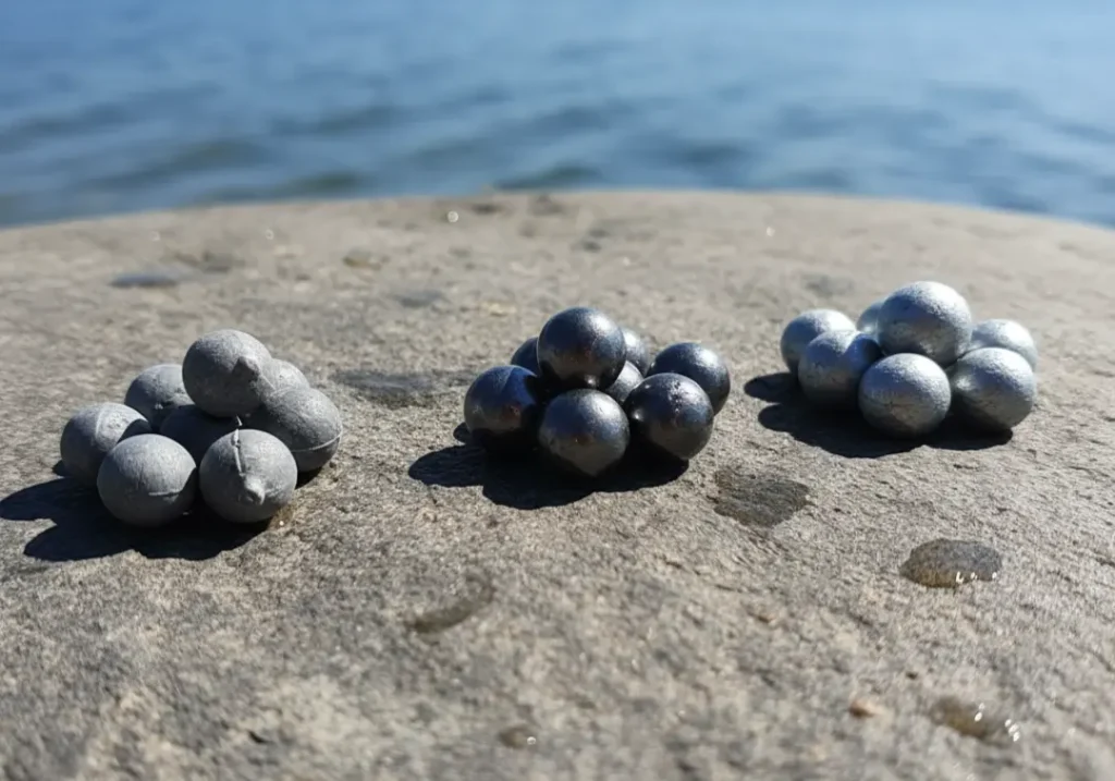 A comparison of fishing sinkers made from three different materials—lead, tungsten, and steel—laid out on a rock.