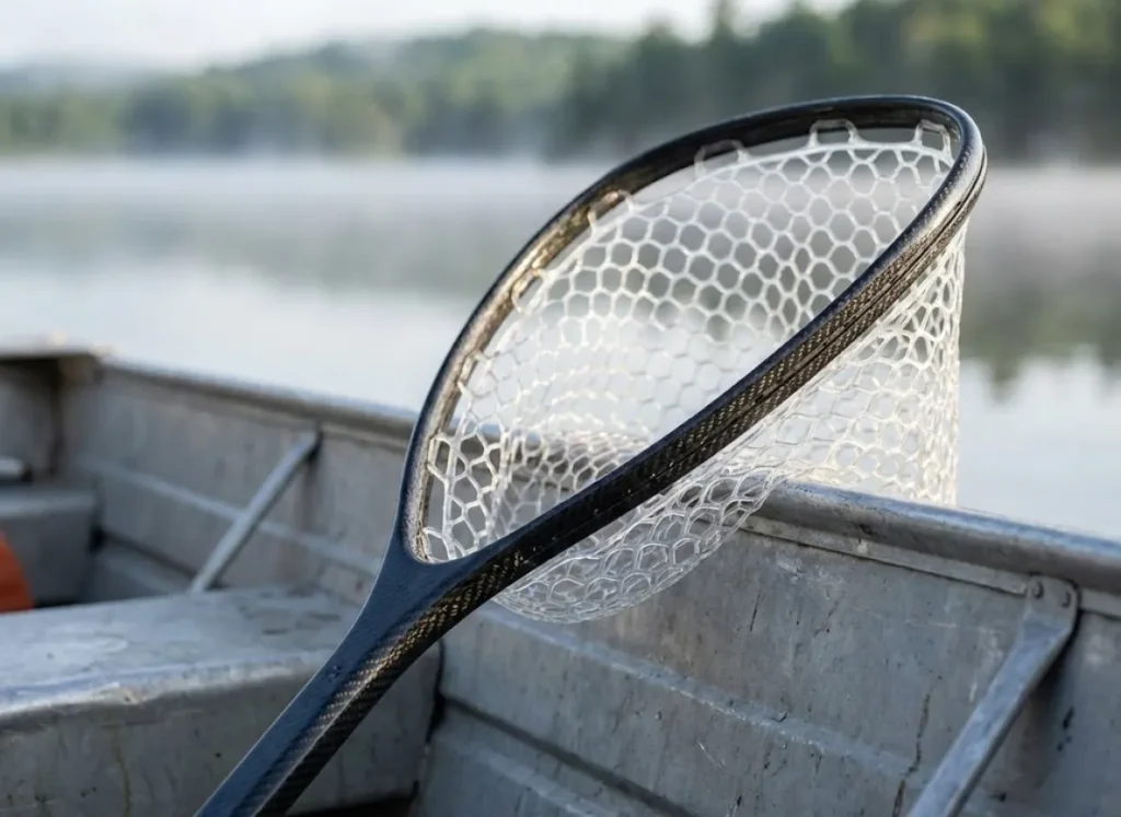 A premium carbon fiber fishing net leaning against a boat gunwale with a lake in the background.