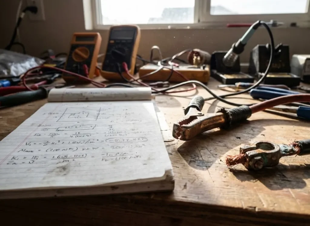 Workbench with battery testing equipment, wires, and handwritten notes.