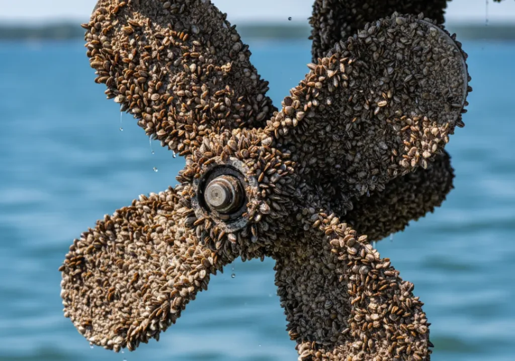 A close-up of a boat propeller completely covered in invasive zebra mussels, illustrating the threat of aquatic invasive species.