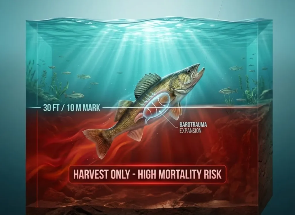 A split-level underwater cross-section illustration showing a Walleye fish. The image visually divides the water column at a depth of 30 feet. Above this line, the water is cool blue and sunlit; below, it transitions to a cautionary translucent red zone. A label in the red zone reads "Harvest Only - High Mortality Risk". A schematic overlay on the fish highlights the expanding swim bladder.