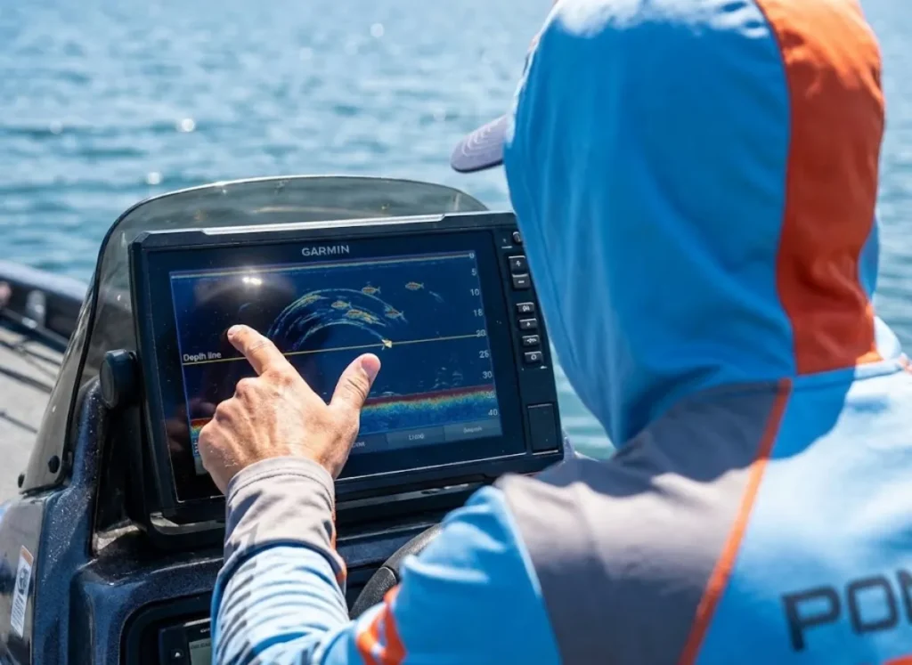 Angler interpreting fish finder sonar screen showing suspended fish and thermocline.
