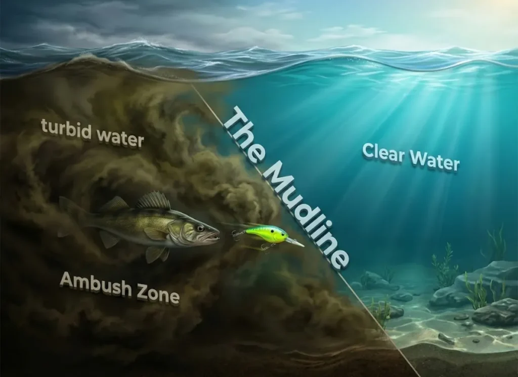 An underwater cross-section illustration showing a Walleye hiding in turbid water ambushing a lure in clear water, demonstrating the "Mudline" fishing tactic.