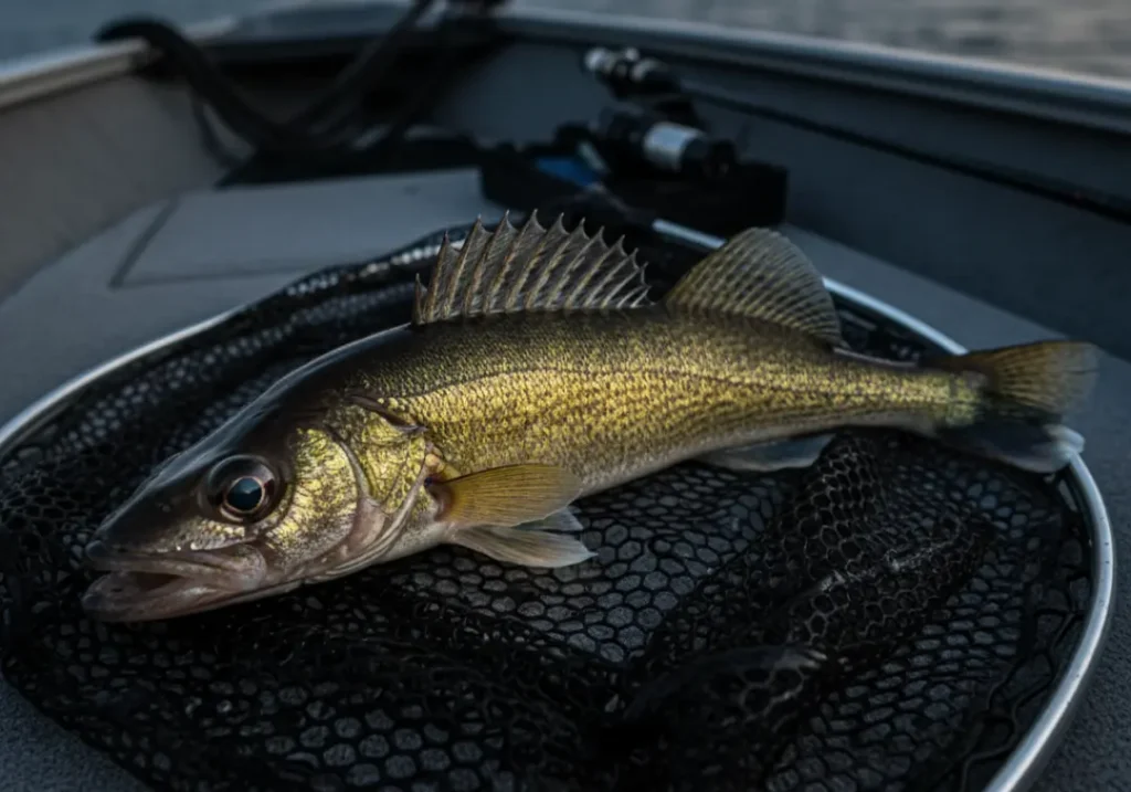 A detailed medium shot of a large Walleye fish in a landing net, highlighting its characteristic glowing eye and coloration.