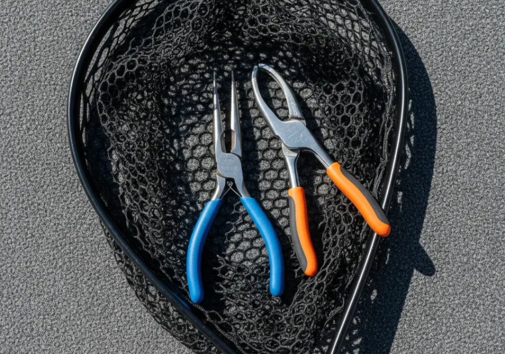 A collection of catch-and-release fishing gear, including a rubber net and pliers, on the deck of a boat.