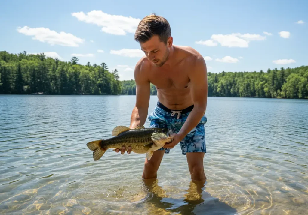 A full-body shot of a man in boardshorts wading in a lake while carefully reviving a fish in the water before releasing it.