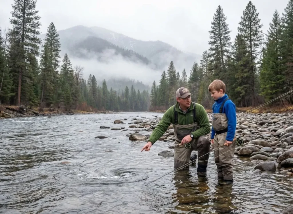 Father and son in waders fishing in a remote mountain river with pine trees in the background.