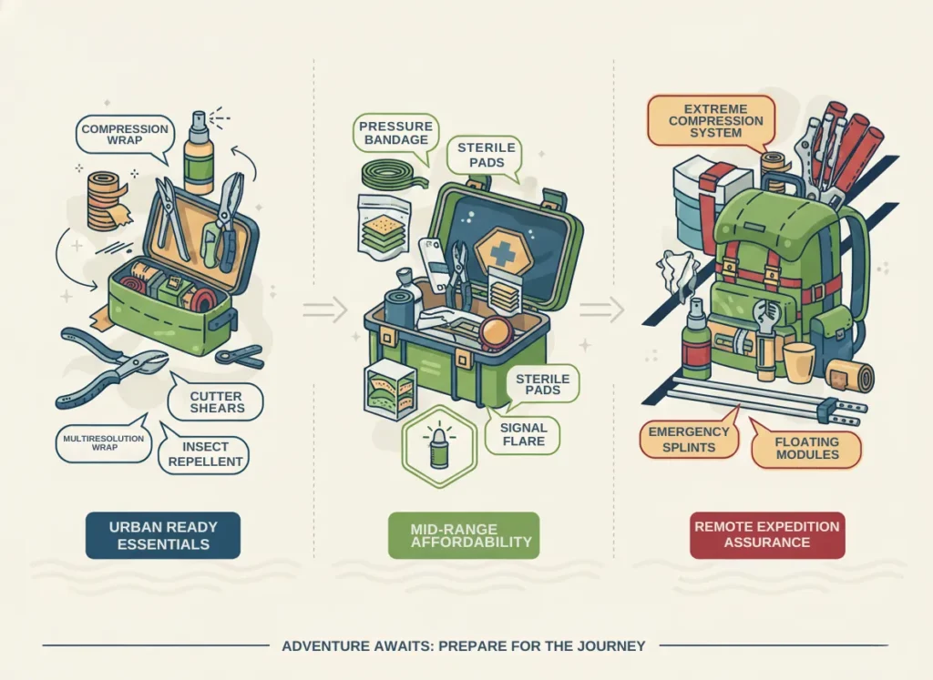 A vibrant infographic illustrating the progressive build-up of three tiers of first-aid kits for anglers, from basic shore essentials to advanced wilderness supplies, with icons for key items like pliers, bandages, and trauma tools, in a dynamic flat vector style evoking outdoor adventure.