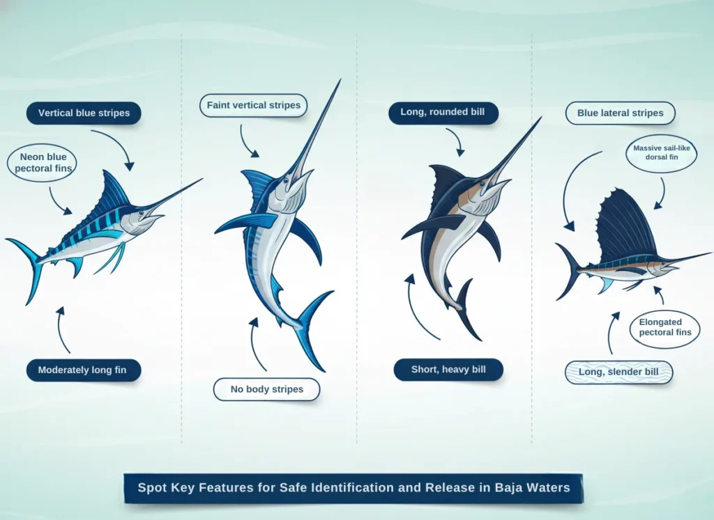Educational infographic featuring side-by-side vector illustrations of Striped Marlin, Blue Marlin, Black Marlin, and Sailfish, highlighting key identification features like fin shapes, body patterns, and bill proportions for Baja offshore fishing identification.