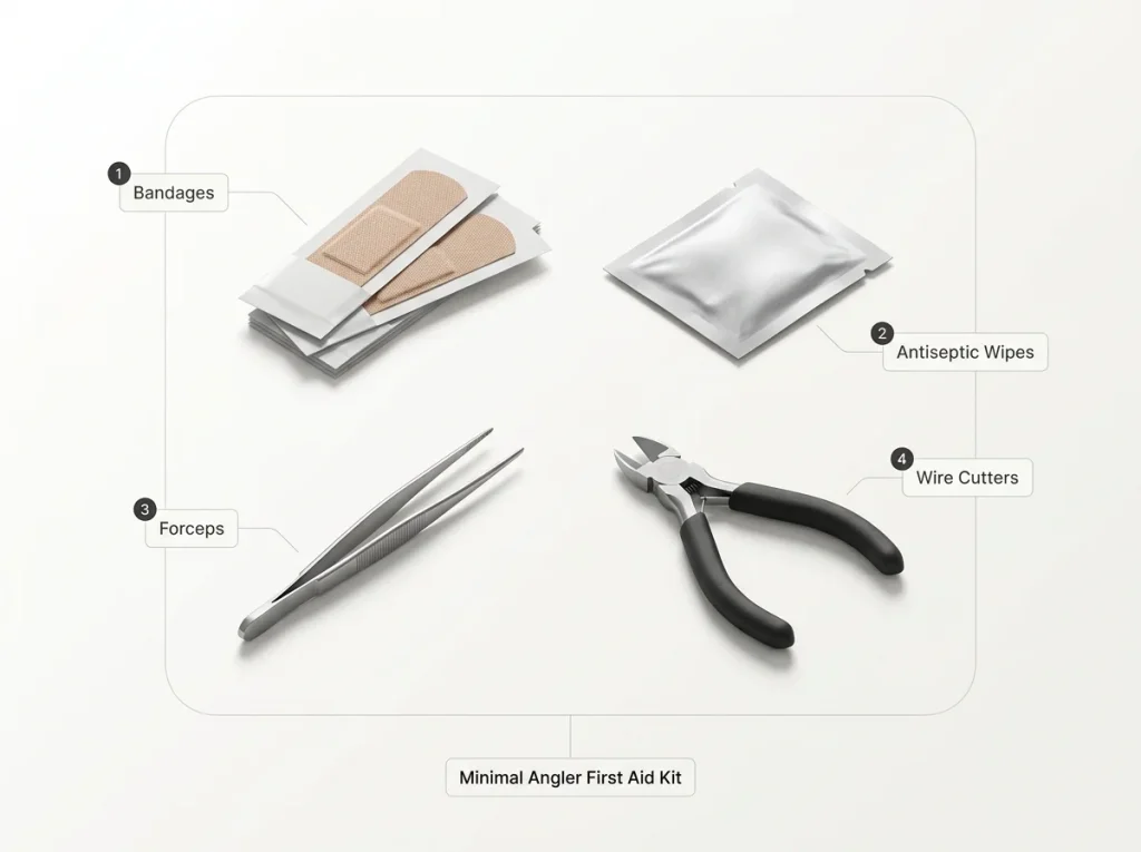 Flat-lay infographic of minimal angler first aid kit labeled with bandages, antiseptic wipes, forceps, wire cutters