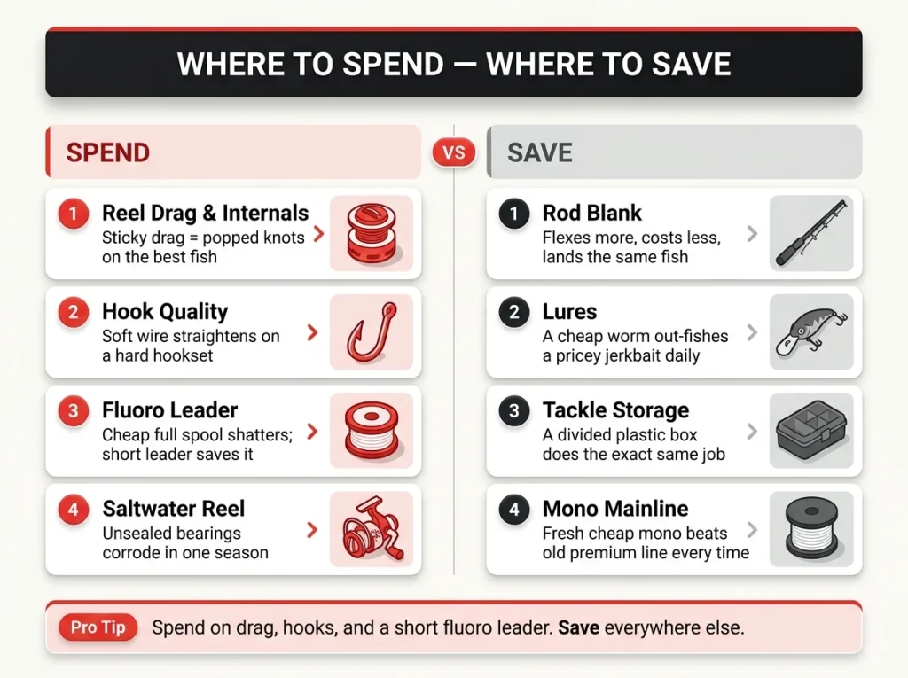Infographic showing budget fishing gear spend vs save map with labeled consequences for reel drag, hooks, fluoro leader, and rod blank