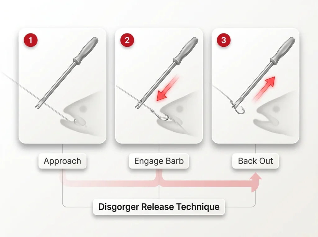 Infographic showing 3-step disgorger hook removal sequence: approach, engage barb, back out, with labeled arrows