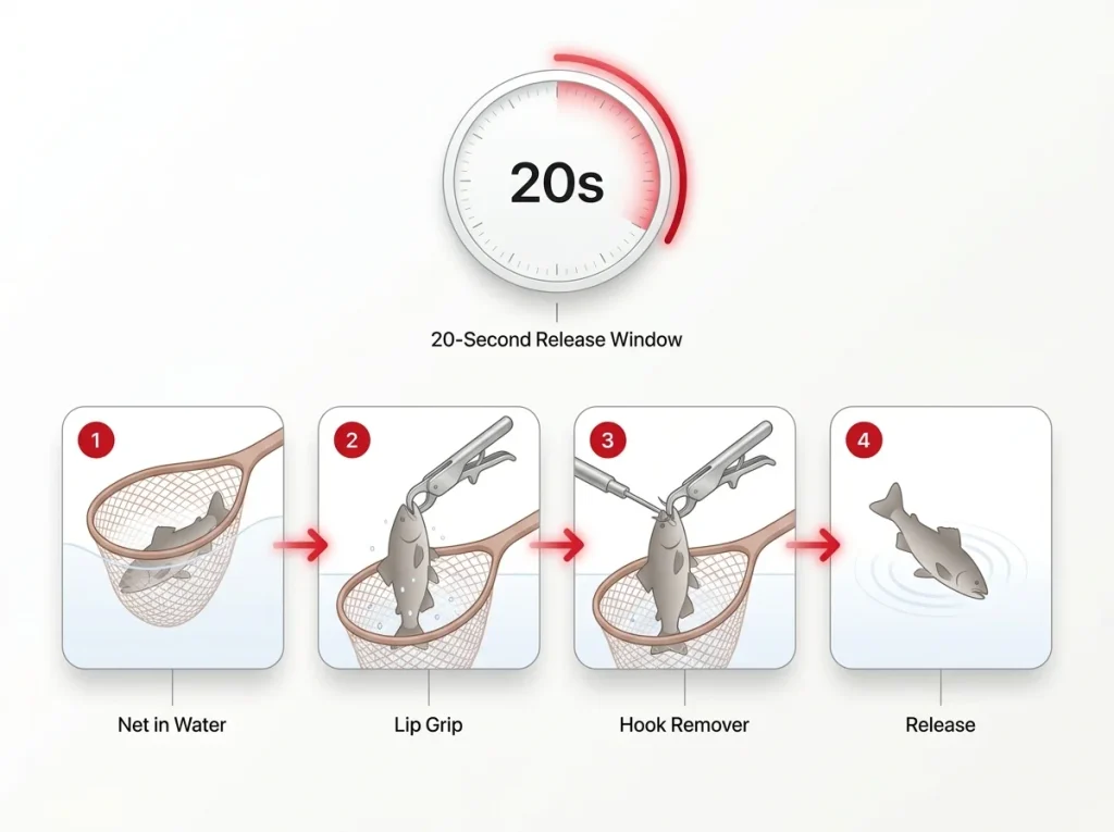 Infographic showing 4-step catch and release handling sequence with 20-second air exposure clock overlay