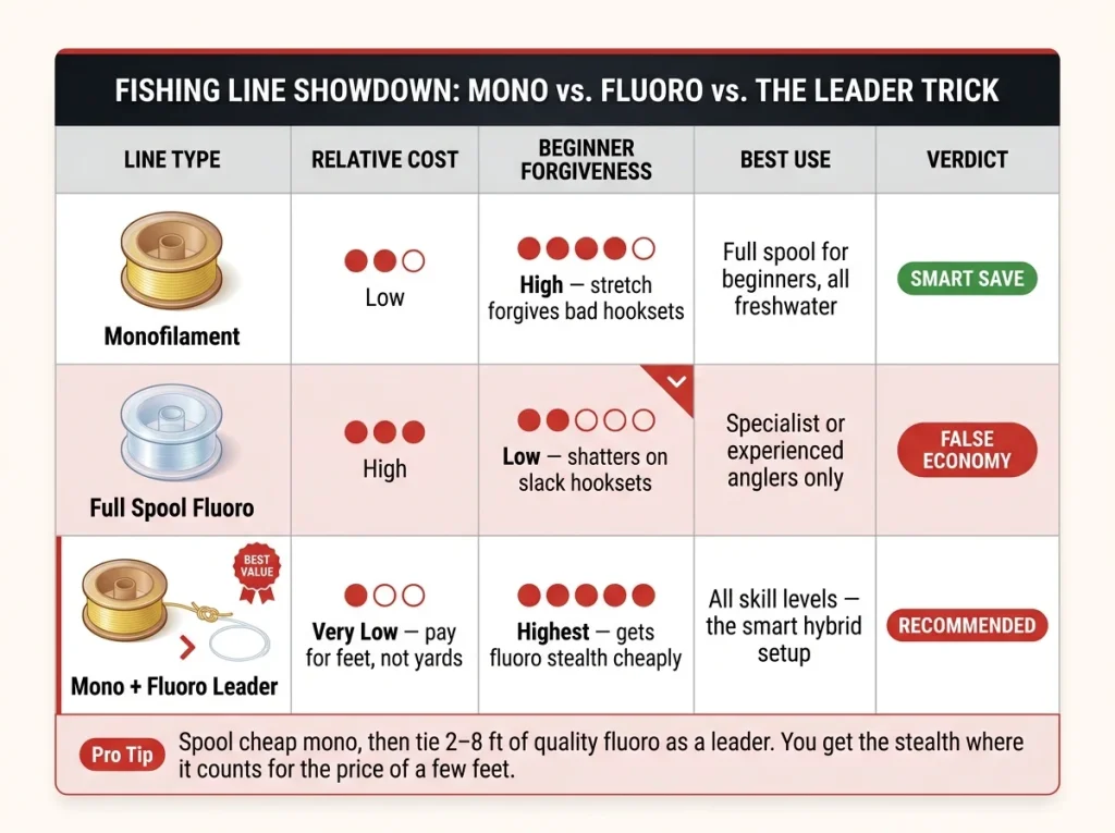 Comparison chart showing fishing line mono vs fluoro vs mono-plus-fluoro-leader trick with cost, beginner-forgiveness, and best-use columns