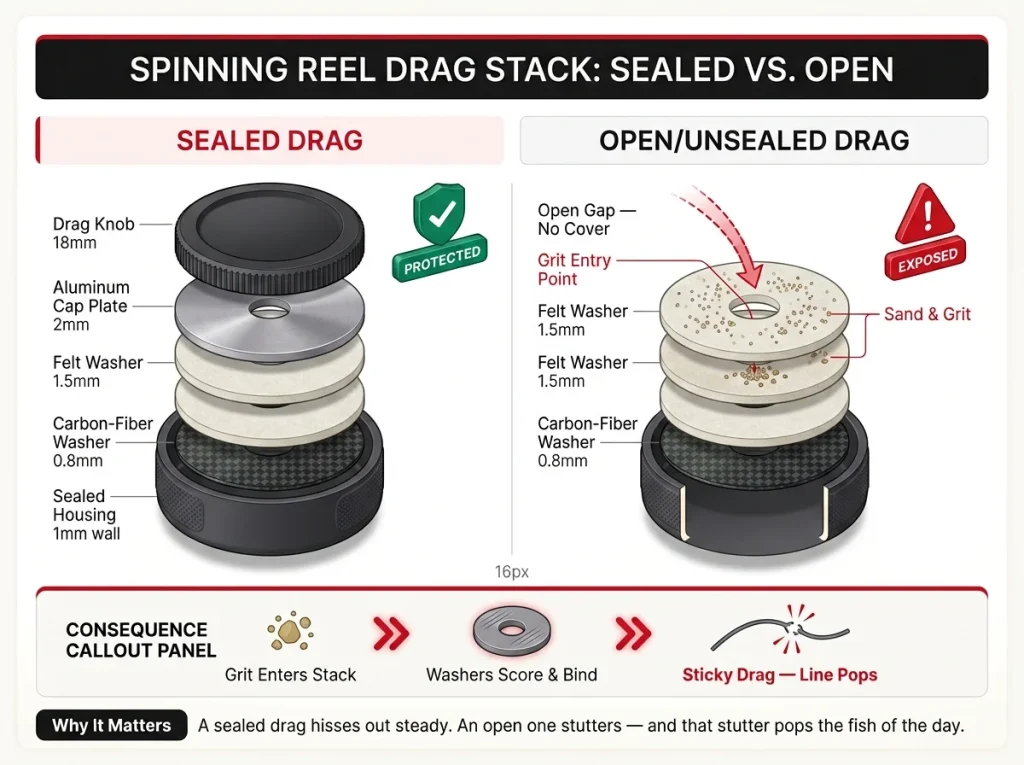Diagram showing spinning reel drag stack sealed vs open cutaway with labeled grit entry points and sticky drag consequence arrows
