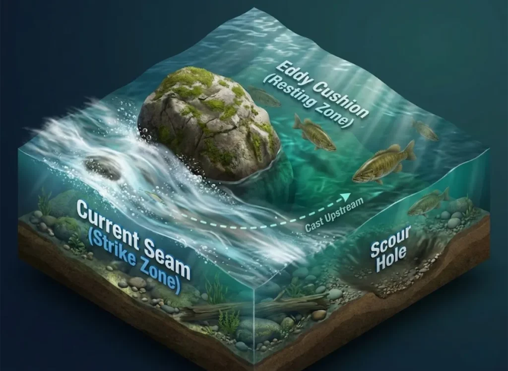 A detailed isometric diagram of a riverbed showing water flow around a boulder. Labels indicate the Current Seam, Eddy Cushion, and Scour Hole, showing where Smallmouth Bass wait to ambush prey.