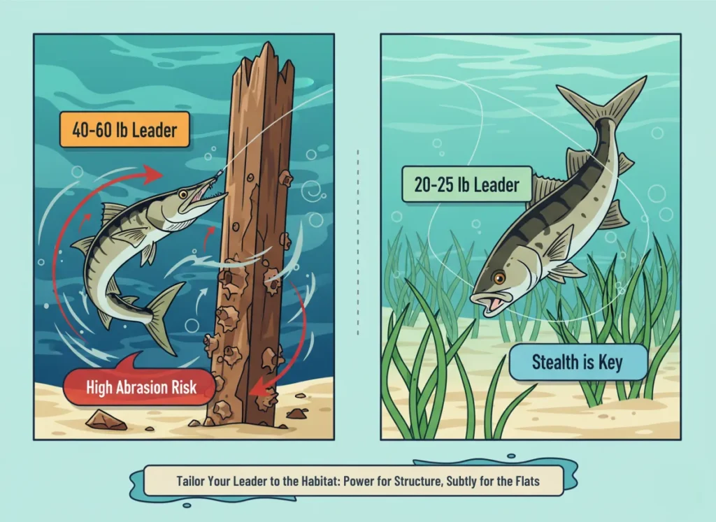 A vibrant two-panel infographic comparing leader setups for snook and redfish fishing: left panel depicts a snook battling near a dock with high-strength leader callouts; right panel shows a tailing redfish on a grass flat emphasizing stealth and finesse.