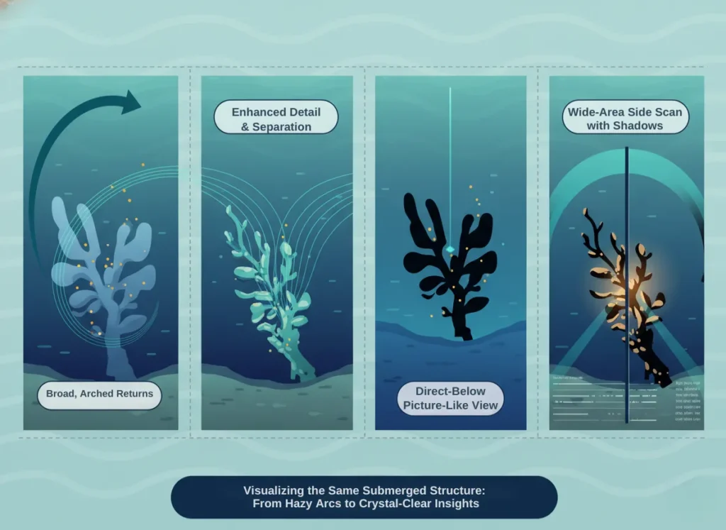 A comparative infographic illustrating a submerged tree structure viewed through Traditional 2D sonar, CHIRP sonar, Down Imaging, and Side Imaging, highlighting differences in detail, beam shape, and target separation for fishing technology education.