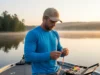 A Strategic Breakdown of Terminal Tackle: From Hooks to Rigs A focused angler in his early 30s wearing a sun shirt, sitting on a boat and meticulously assembling terminal tackle on a clear lake at sunrise.
