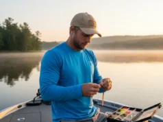 A Strategic Breakdown of Terminal Tackle: From Hooks to Rigs A focused angler in his early 30s wearing a sun shirt, sitting on a boat and meticulously assembling terminal tackle on a clear lake at sunrise.